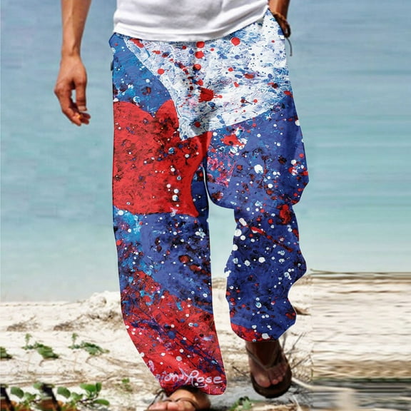 Holloyiver Men's Cotton Linen Pants Summer Casual Fashion Independence Day 3D Printing Elastic Waist Straight Trousers For Blue,L