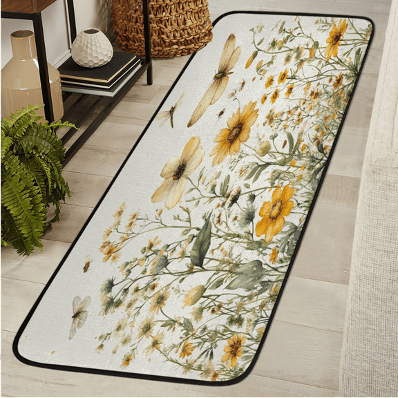 CURLYOOT Spring Yellow Flower and Butterfly Runner Rug 2'x6' Washable Kitchen Runner Rug Indoor Non Slip Laundry Rugs Floor Carpet for Hallway Kitchen Entryway Bedroom Living Room