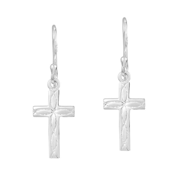 Devoted Ichthys Fish Engraved Cross Sterling Silver Dangle Earrings