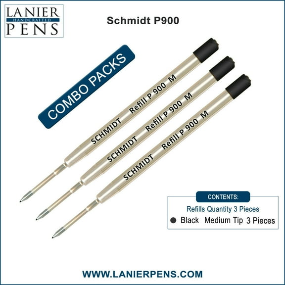 Schmidt P900 M Ballpoint Refill for Parker Pen, Medium Point, 0.7mm, Black Ink, 3 Count, 3 Pack
