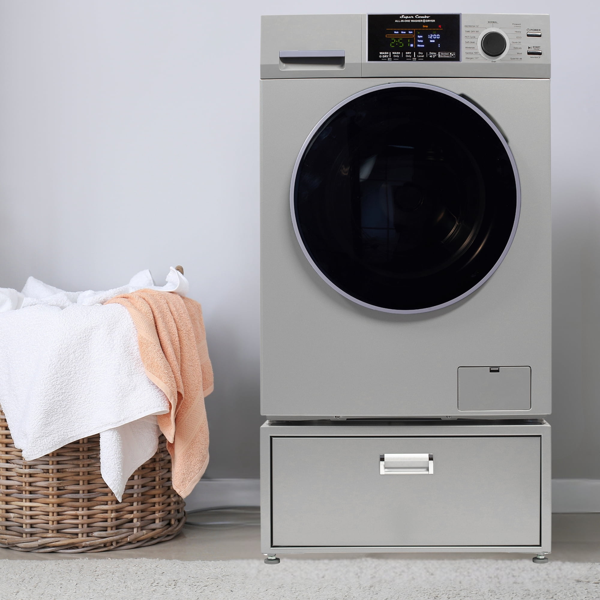 Equator 1.6cf 110V Vented/Ventless Sani Combo Washer Dryer Pet Cycle + Pedestal Silver