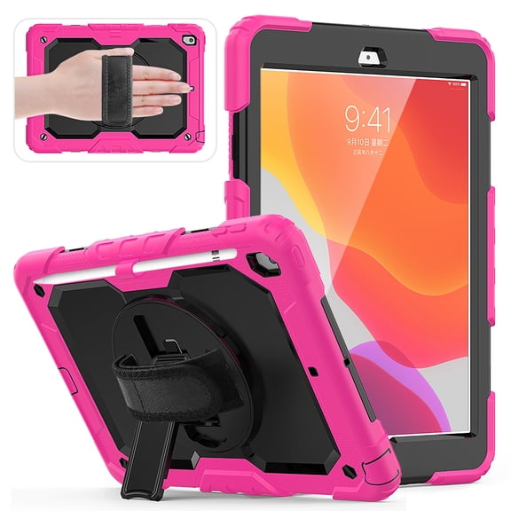 Case for iPad 9th/ 8th/ 7th Generation, Case for iPad 10.2-Inch 2021/2020/ 2019 with Screen Protector Pencil Holder Kickstand Hand/Shoulder Strap.Protective Tablet Cover - Black Rose Red