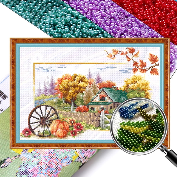 Kit Punto Cruz Otoño Con Cuentas Bordado Parcial 9CT Arte para El 64x45cm