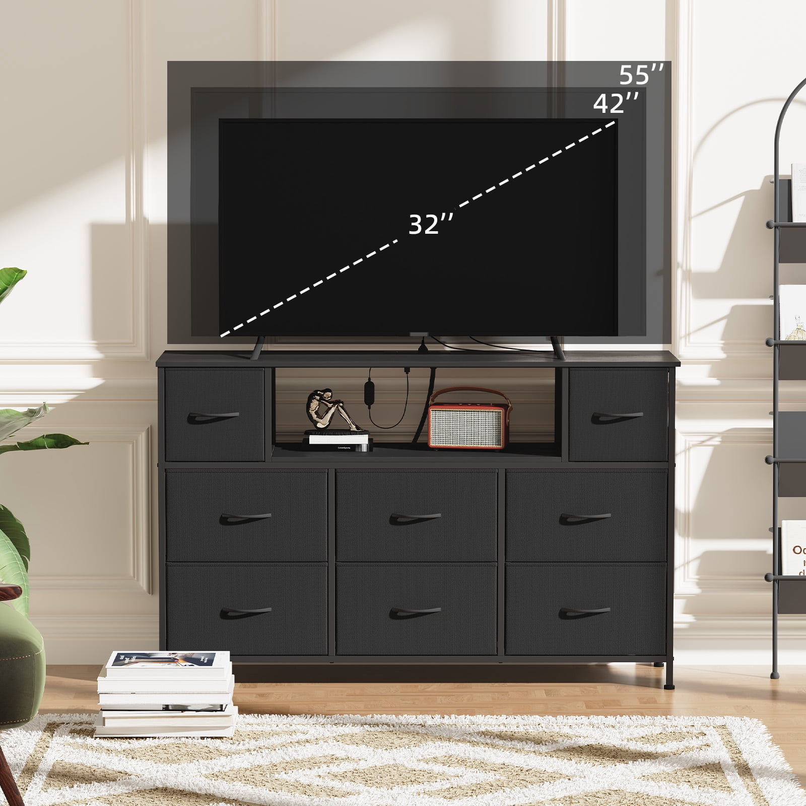Eunos Black Tv Stands for 65" Tv with 8 Drawers, LED & Power Outlets for Bedroom, Living Room
