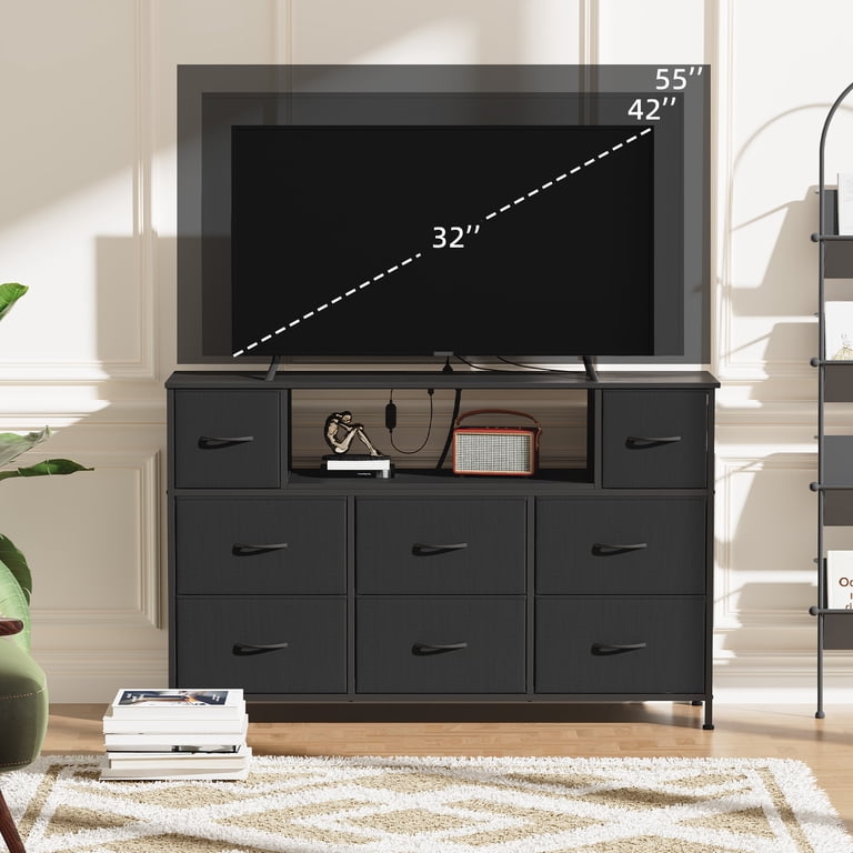 Eunos Black TV Stand, 55", 8 Drawers, LED & Power Outlets photo 2