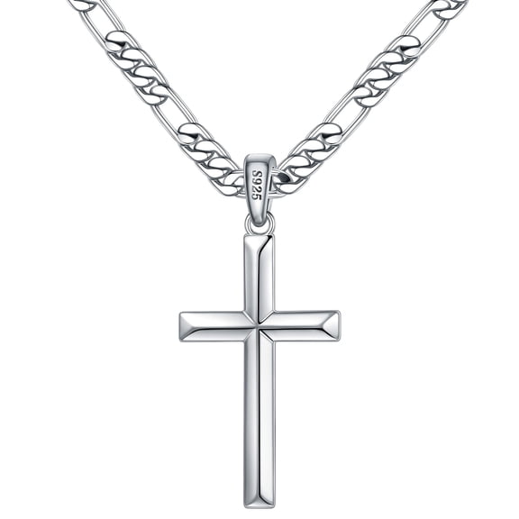 Turandoss S925 Sterling Silver Cross Necklace for Men 18K Silver Plated Chain Jewelry Christian Religious Birthday Teacher Appreciation Graduation Fathers Day Gifts for Him Her Men Son Dad Boys Girls