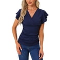 thumbnail image 1 of Blusa Faux Wrap Inspire Chic para mujer, blusa casual de verano con cuello en V y mangas con volantes, talla M, azul oscuro, 1 of 6