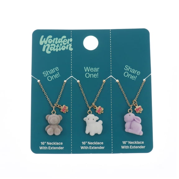 Wonder Nation 3 Pack Best Friends Necklace Set with Flocked Critter Charms (Girl's)
