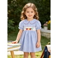 thumbnail image 4 of BemeyourBBs Toddler Baby Girls Back to School Outfit Kids Kindergarten Outfits Little Girl Smokced Dress Letters Apple Bow Embroidery Petter Pan Doll Collar Puff Short Sleeve Summer Plaid Dress, 4 of 9
