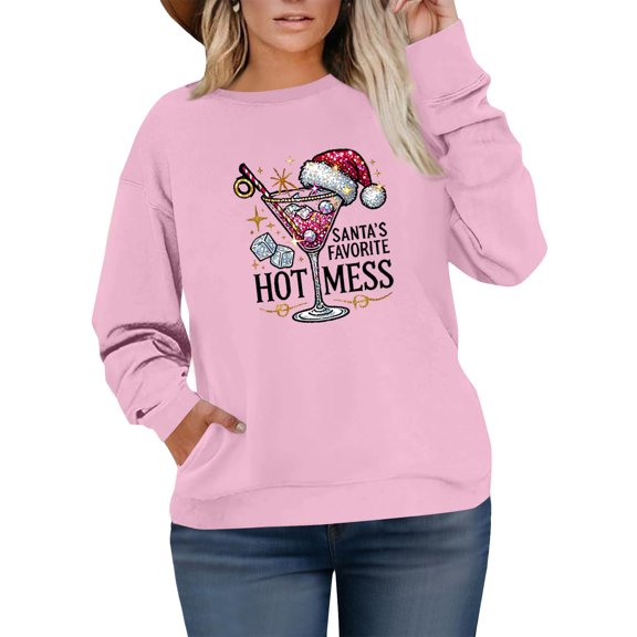 Women's Plus Size Christmas Printed Sweatshirt, Long Sleeve Casual Pullover Top, SANTA'S FAVORITE HOTMESS Graphic Fashion Hoodie,Pink,4XL