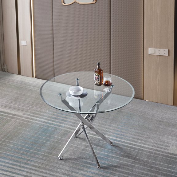 Holaki Coffee Table,Round Tempered Glass Dining Table for 2-4 with Chromed Legs,36 inch Modern Small Kitchen Table Dining Room Table for Kitchen Dining Room (Gold/Silver)