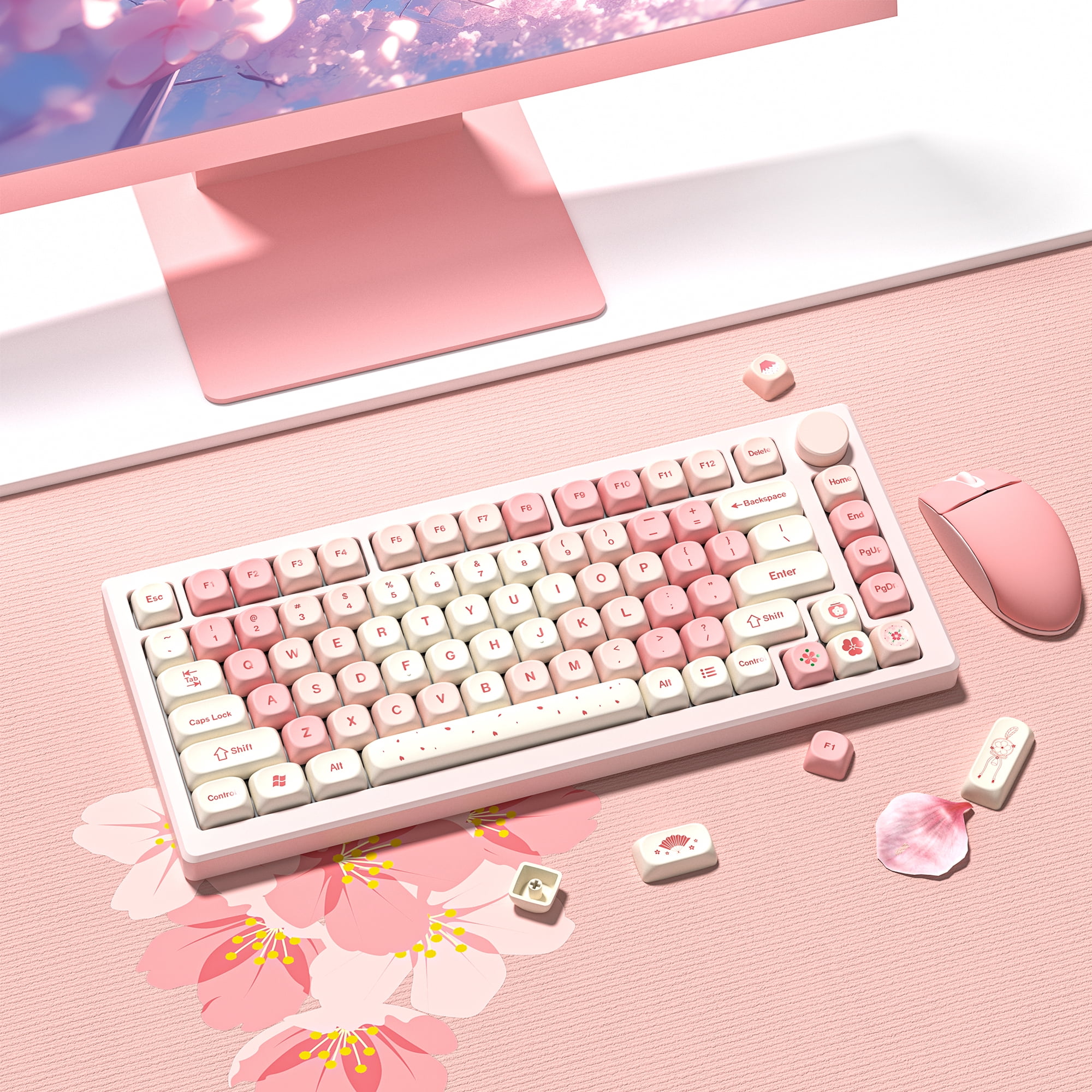 COSTOM Cute Pink Sakura Custom Keycaps, 133 Keys Dye-Sublimation PBT Keycaps, MOA Profile Key caps Set for 61/68/84/87/98/100/104 Cherry MX Mechanical Keyboard