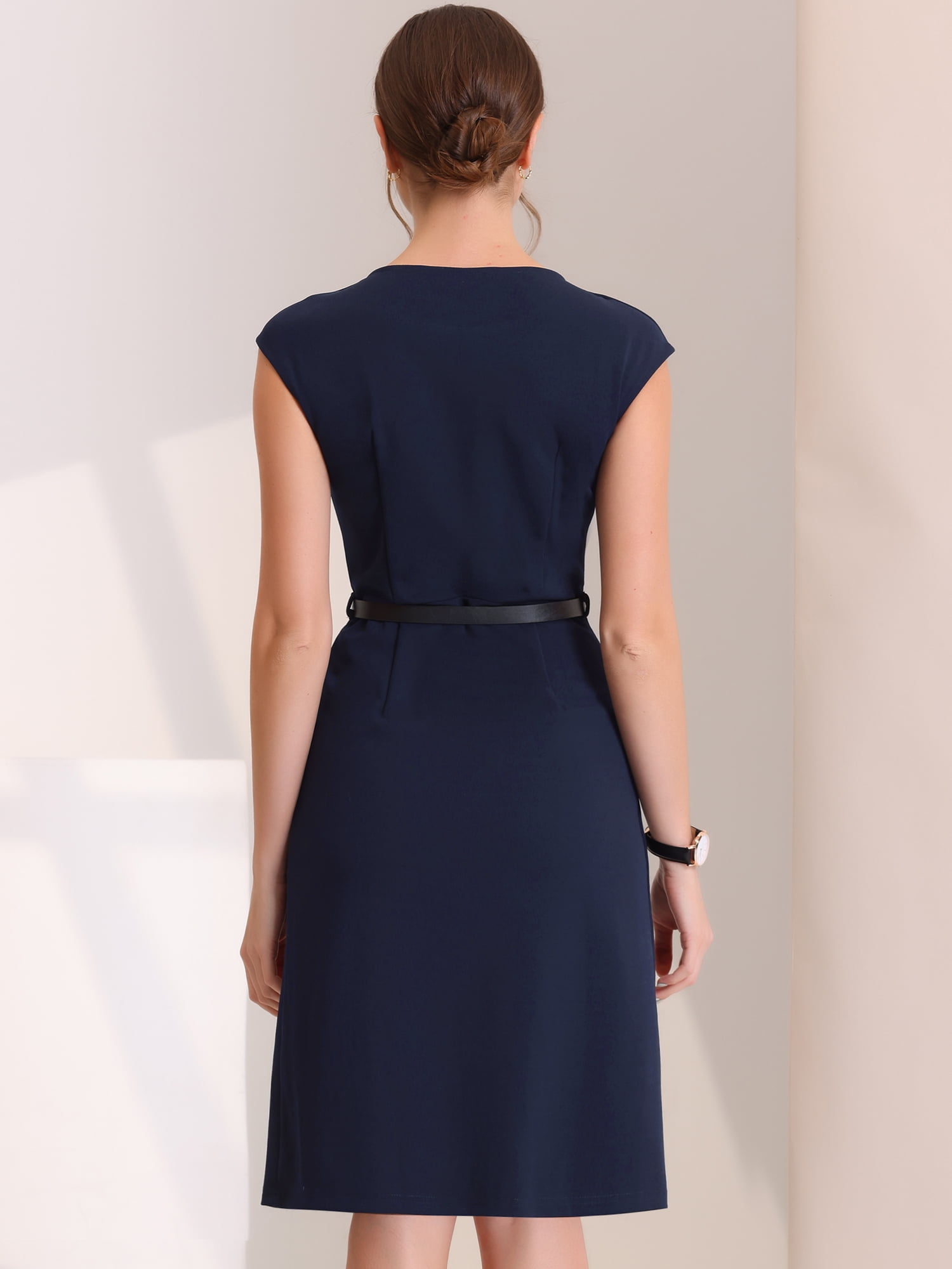 DARING DIVA Elegant Round Neck Cap Sleeve Belted Work Sheath Dresses XS Dark Blue