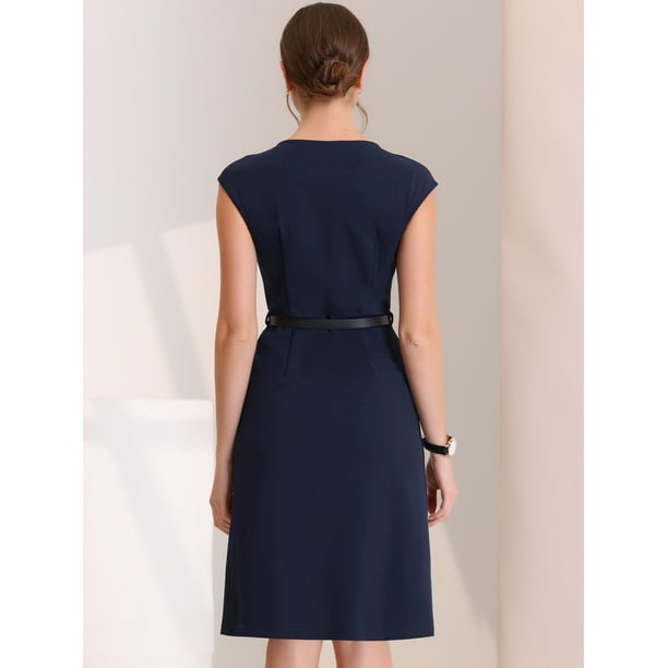 Elegante vestido de oficina para mujer cuello redondo manga casquillo cinturon vestidos de trabajo Azul oscuro L Allegra K Vestido Walmart en linea