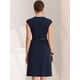 thumbnail image 3 of Elegante vestido de oficina para mujer, cuello redondo, manga casquillo, cinturón, vestidos de trabajo Azul oscuro M, 3 of 6