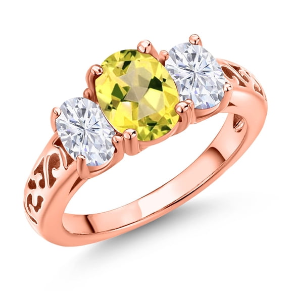 Gem Stone King 18K Rose Gold Plated Silver Canary Mystic Topaz and White Moissanite Filigree Style 3 Stone Ring for Women (2.56 Cttw, Oval 8X6MM and 6X4MM) (Size 5)