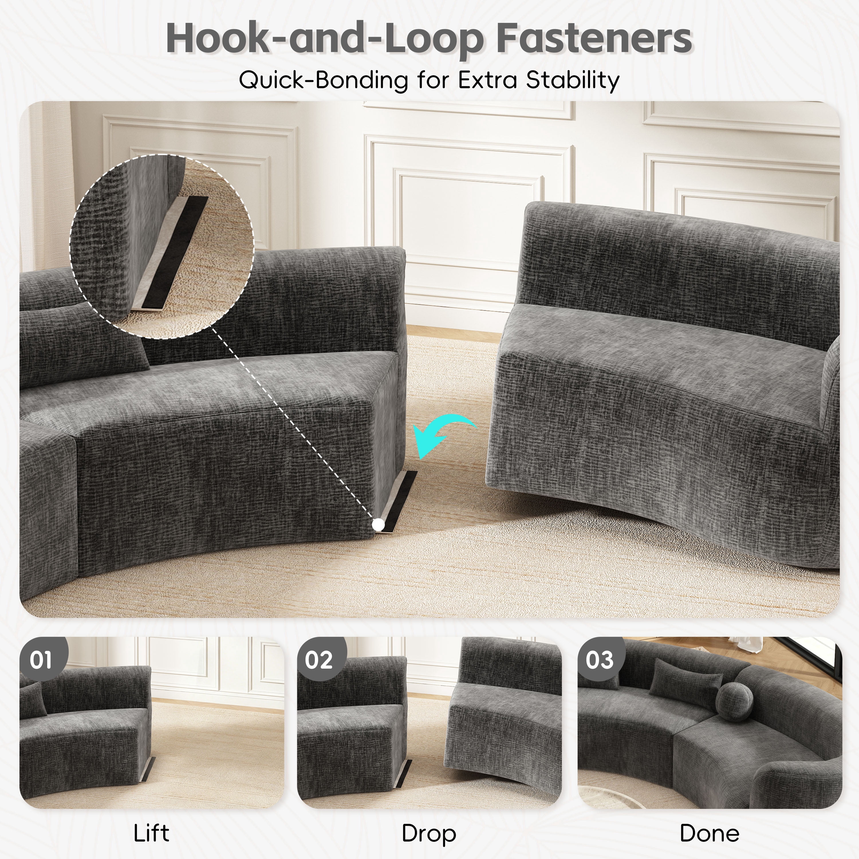 GARITIN 6 Seat Modular Curved Sectional Sofa 153 Inch, Frameless Chenille Arc Couch with 4 Pillows for Living Room, Gray