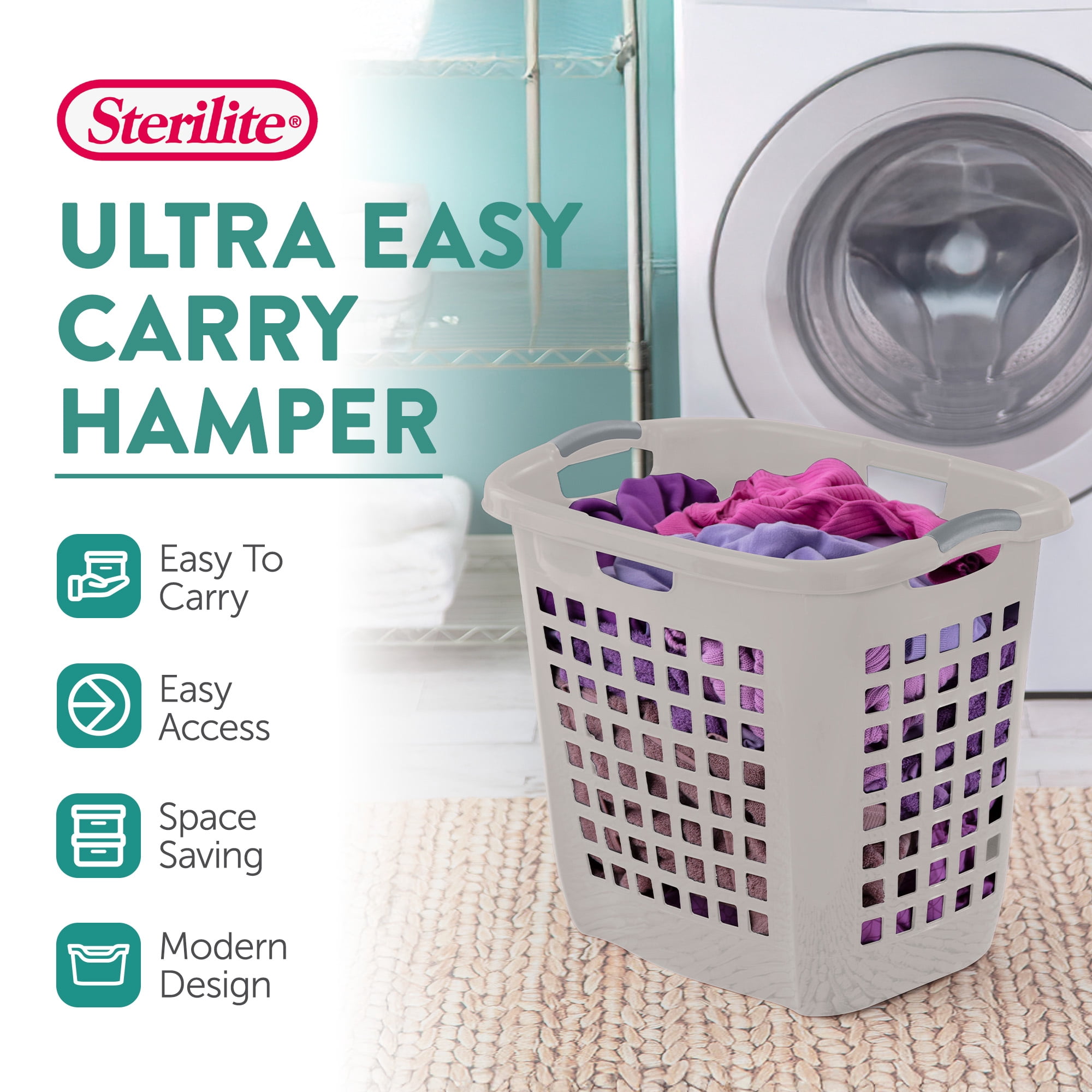 Sterilite 4-Pack 2.1 Bushel Ultra Easy Carry Hamper, Plastic Laundry Basket, Gray Pumice