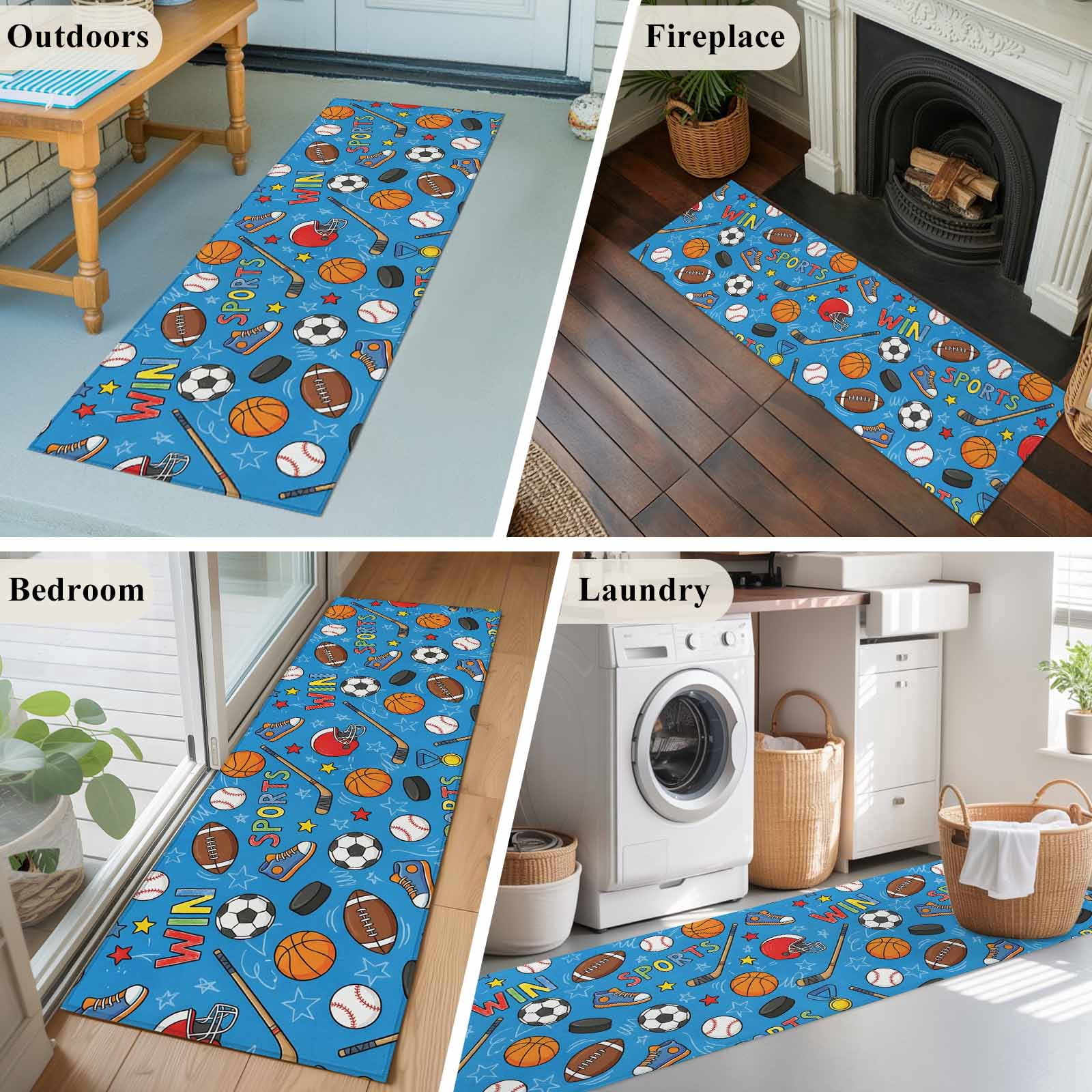Blue Sports 2'x6' Runner Rugs for Hallway Kitchen Bedside Non Slip Washable, Football Basketball Rugby Baseball Entryway Rug Runners with Rubber Backing, Long Carpet Runner for Laundry Room