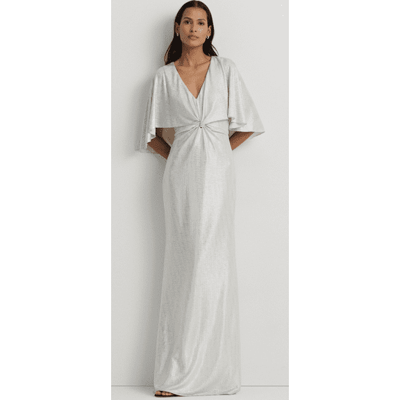 Ralph Lauren MASCARPONE CREAM Women's Metallic Knit Twist-Front Cape Gown, US 12