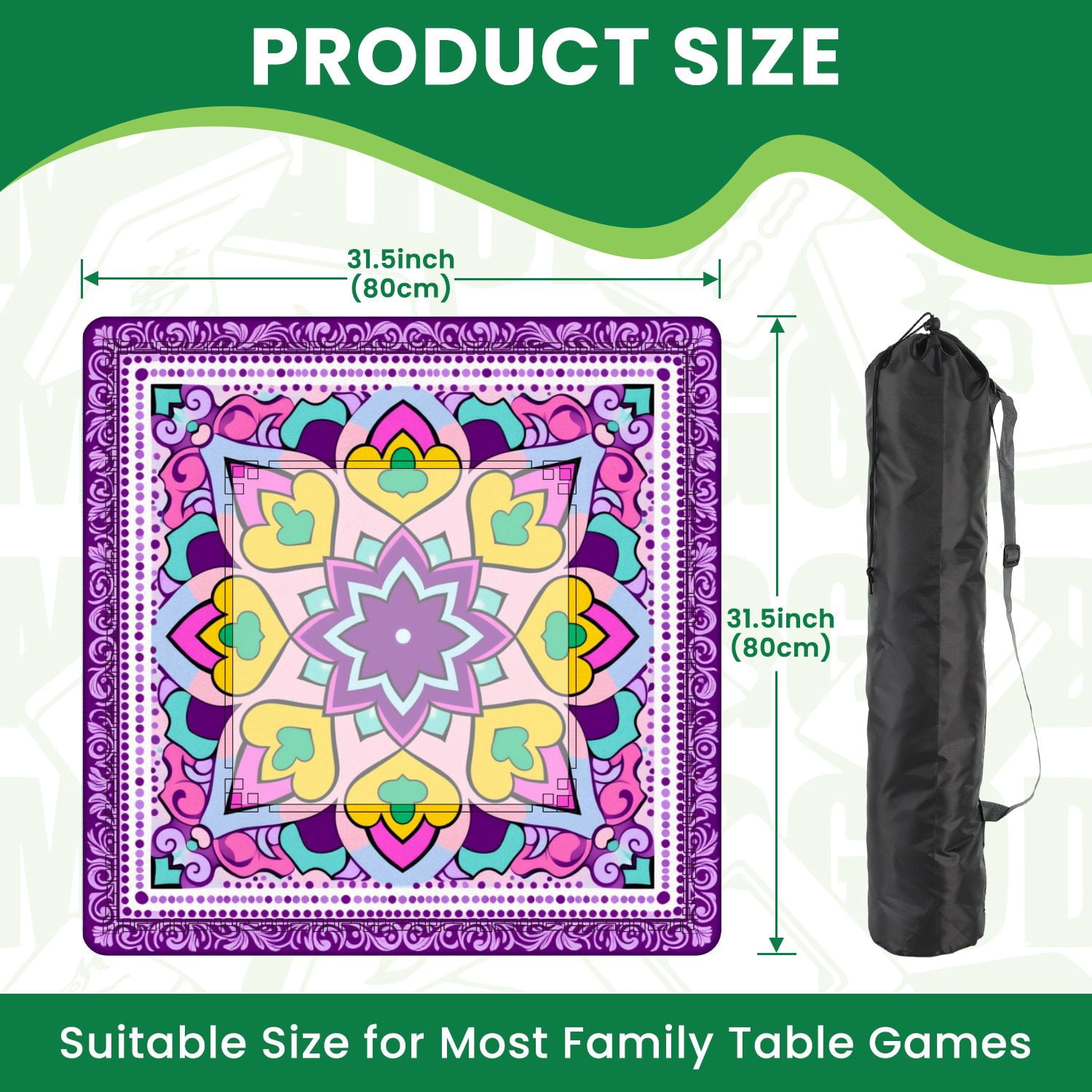 Mahjong Mat 31.5" x 31.5" Colorful Heart Floral Mandala Purple Pink Tones Non-Slip Noise Reduction American Mahjong Tiles Table Cover for Dominoes Poker Card Board Games Gift