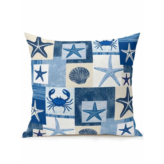 1 Pack Outdoor Throw Pillow, Starfish Coastal Waterproof Pillow with Insert Included, Blue Shell Crab Nautical Summer Beach Ocean Decorative Accent Cushion Sofa Pillows for Patio Porch, 16 x 16 In