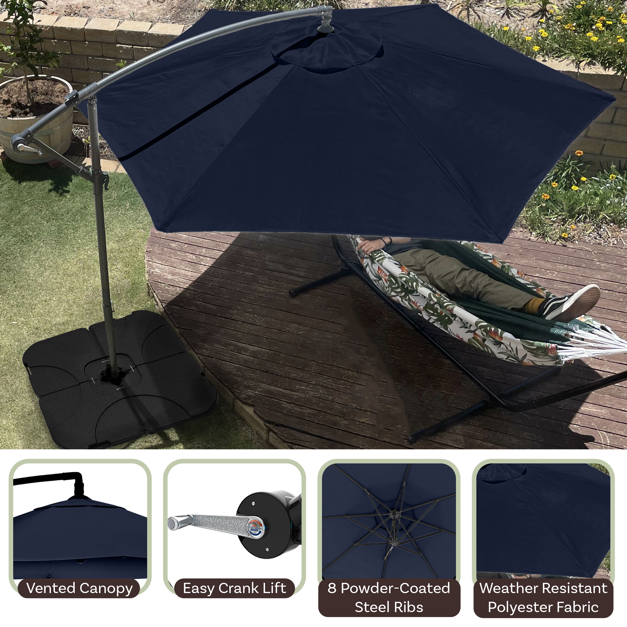 Pure Garden 10-Foot Offset Patio Umbrella with Crank and Base (Navy Blue)