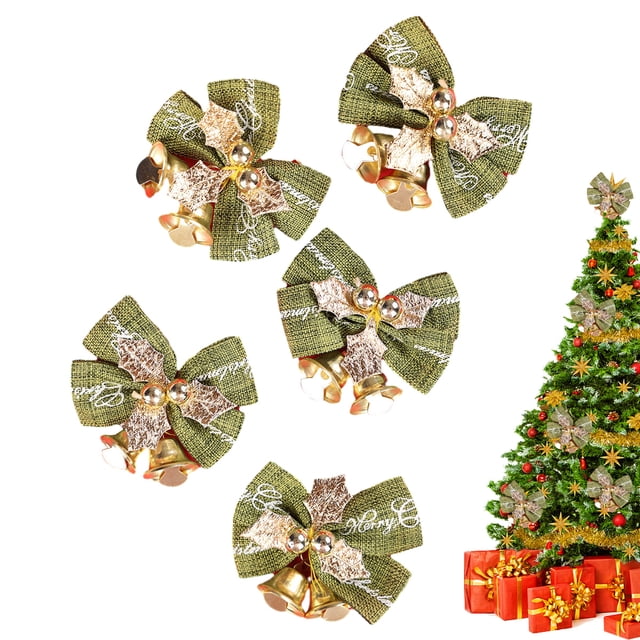 15 piezas de lazos navideños con cascabeles, mini lazos de cinta, lazos de arpillera para coronas, lazos rojos, dorados y verdes, adornos colgantes de lazos de corona de Navidad para