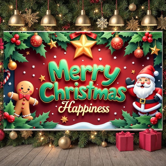 Red Background Merry Christmas Banner Green Lettering Christmas Display Gold Stars Santa Claus Design Xmas Backdrop for Christmas Party Holiday Decoration Family Party