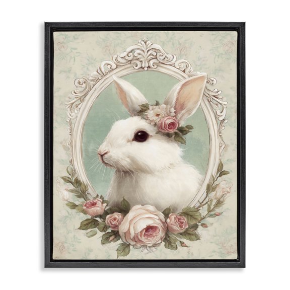 Stupell Industries Flower Fringed Bunny Portrait Black Framed Floater Canvas Wall Art, design by Ink Drop Loft