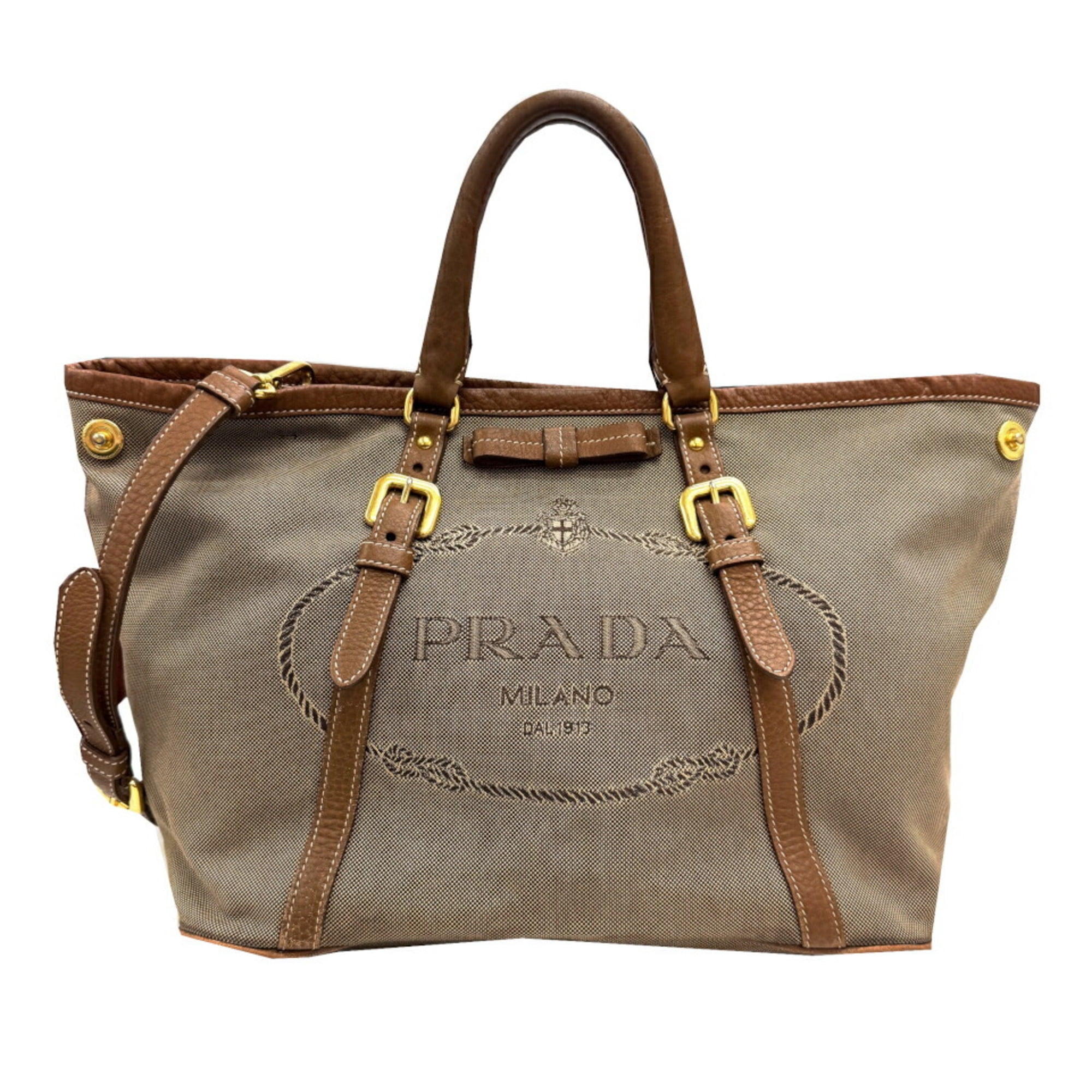PRADA canvas leather hand bag Prada Logo Jacquard Beige Canvas 