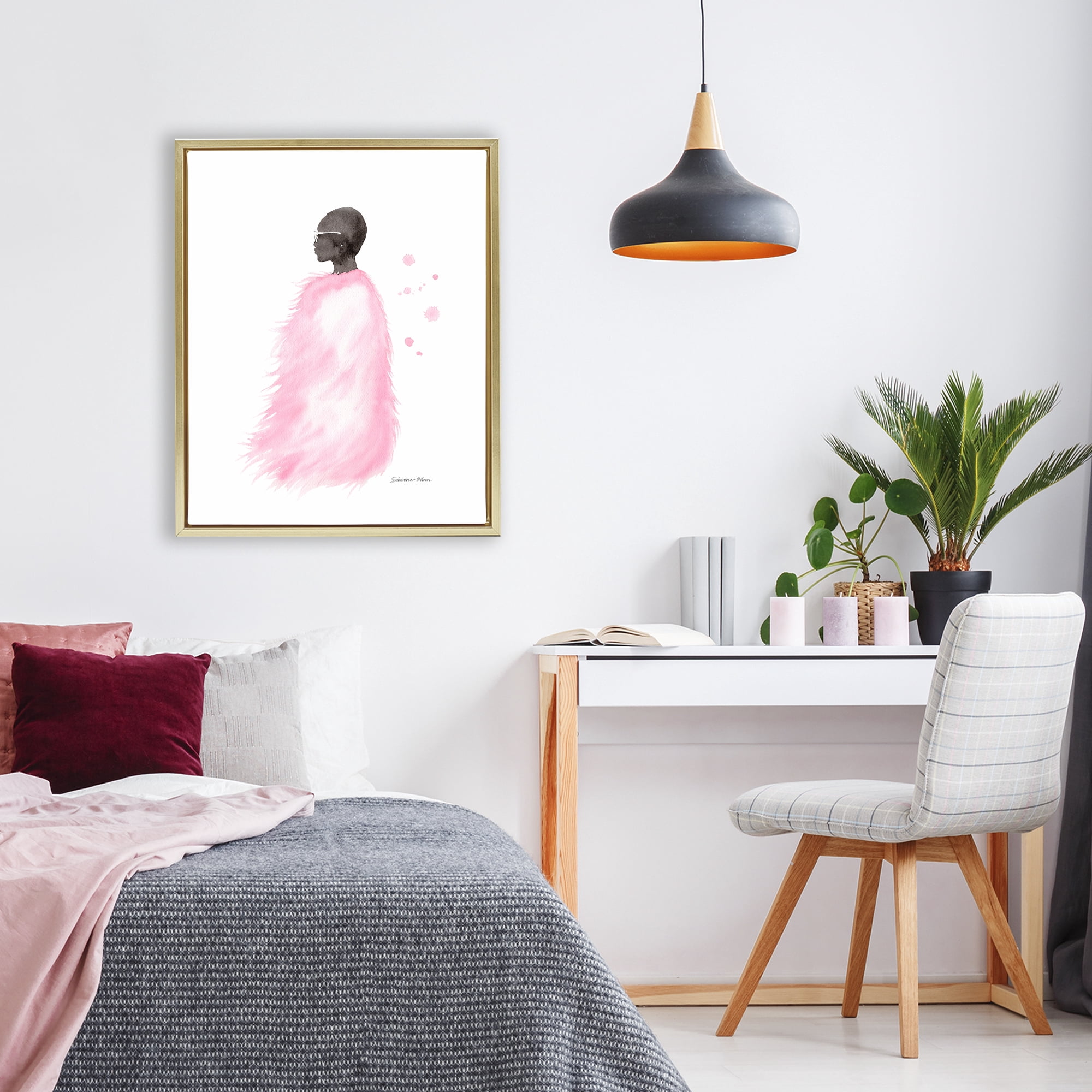 Stupell Industries Pink Fur Coat Portrait Gold Framed Floater Canvas Wall Art, design by Simone Elum