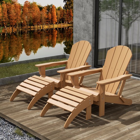 WestinTrends Malibu Outdoor Lounge Chair Set, 4-Pieces Adirondack Chair Set of 2 with Ottoman, All Weather Poly Lumber Patio Lawn Folding Chair for Outside Pool Beach, Teak