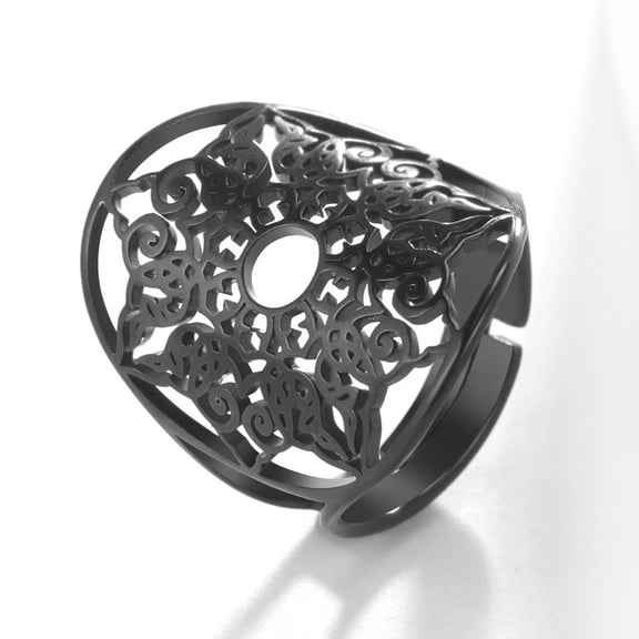 TEAMER Mandala The Healing Amulet Black Ring Vintage Filigree Resizable Ring Talisman for Good Health Stainless Steel Jewelry