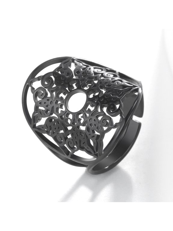 Mandala The Healing Amulet Black Ring Vintage Filigree Resizable Ring Talisman for Good Health Stainless Steel Jewelry