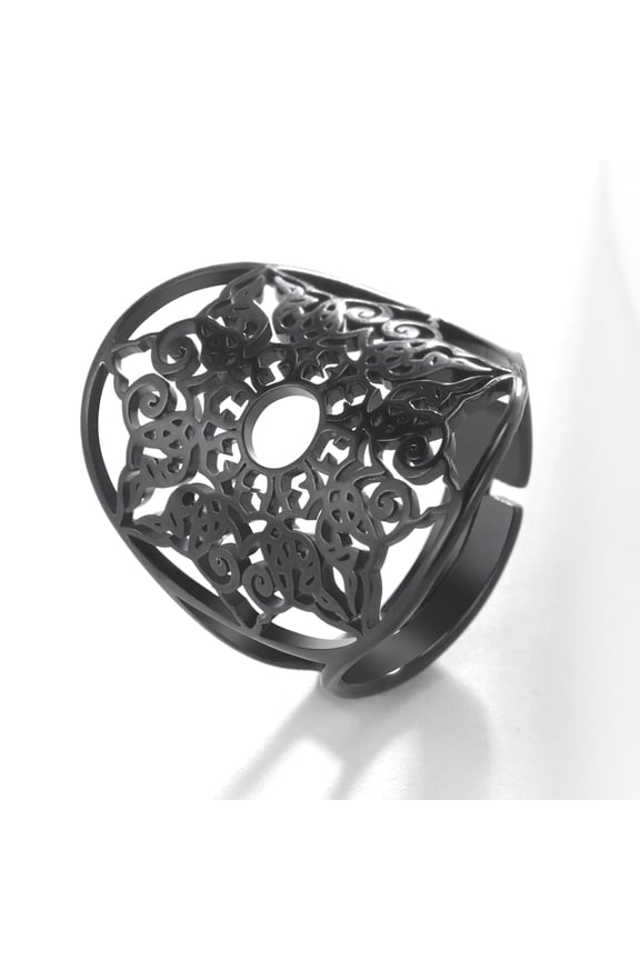 Mandala The Healing Amulet Black Ring Vintage Filigree Resizable Ring Talisman for Good Health Stainless Steel Jewelry