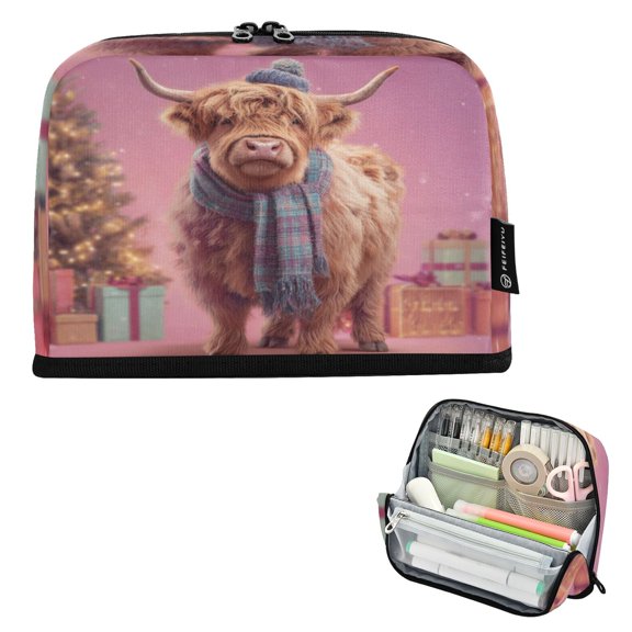 Standing Pencil Case with Base Large Capacity Stationery Pouch Pen Bag with Zipper for Women Men Cow Wearing Christmas