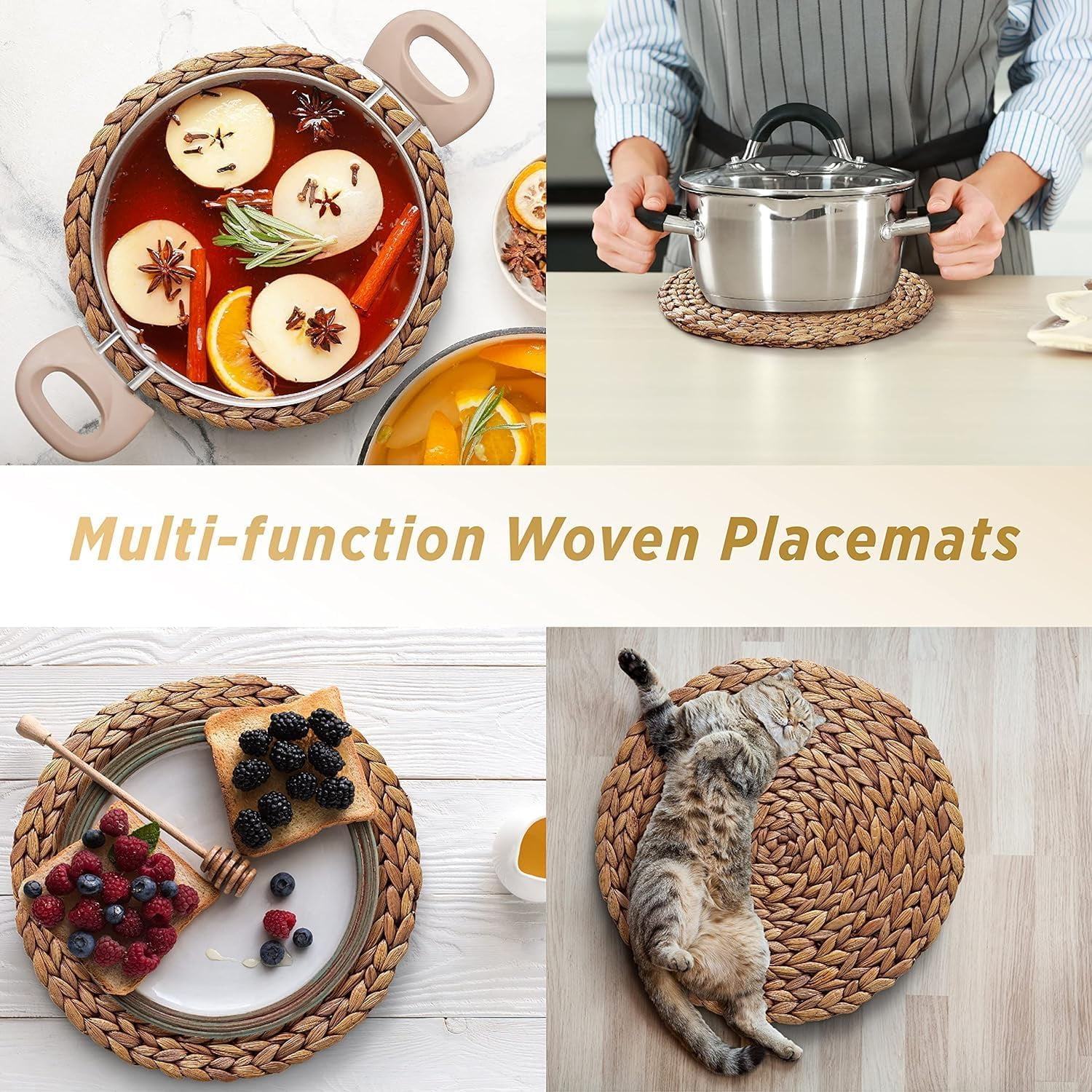 Boho Placemats Set of 4, 11.8" Round Placemats for Dining Table, Water Hyacinth Wicker Placemats, Straw Placemats, Heat Resistant Non-Slip Weave Placemats for Dining Table for Countertops