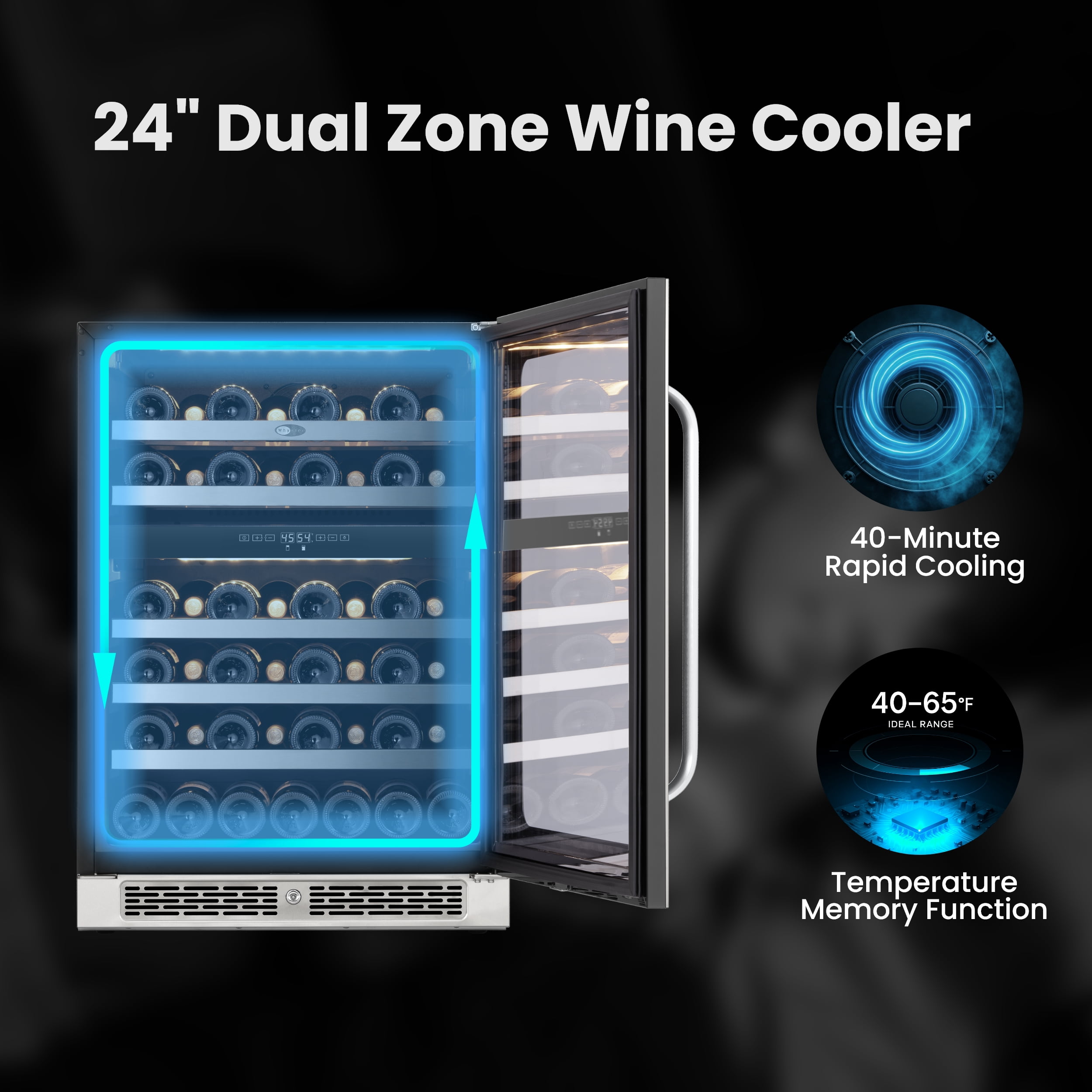 Whynter Dual Zone Wine Fridge:  24 inch 46 Bottles 40-65 °F Wine Refrigerator Glass Door,  Freestanding for Office/Bar