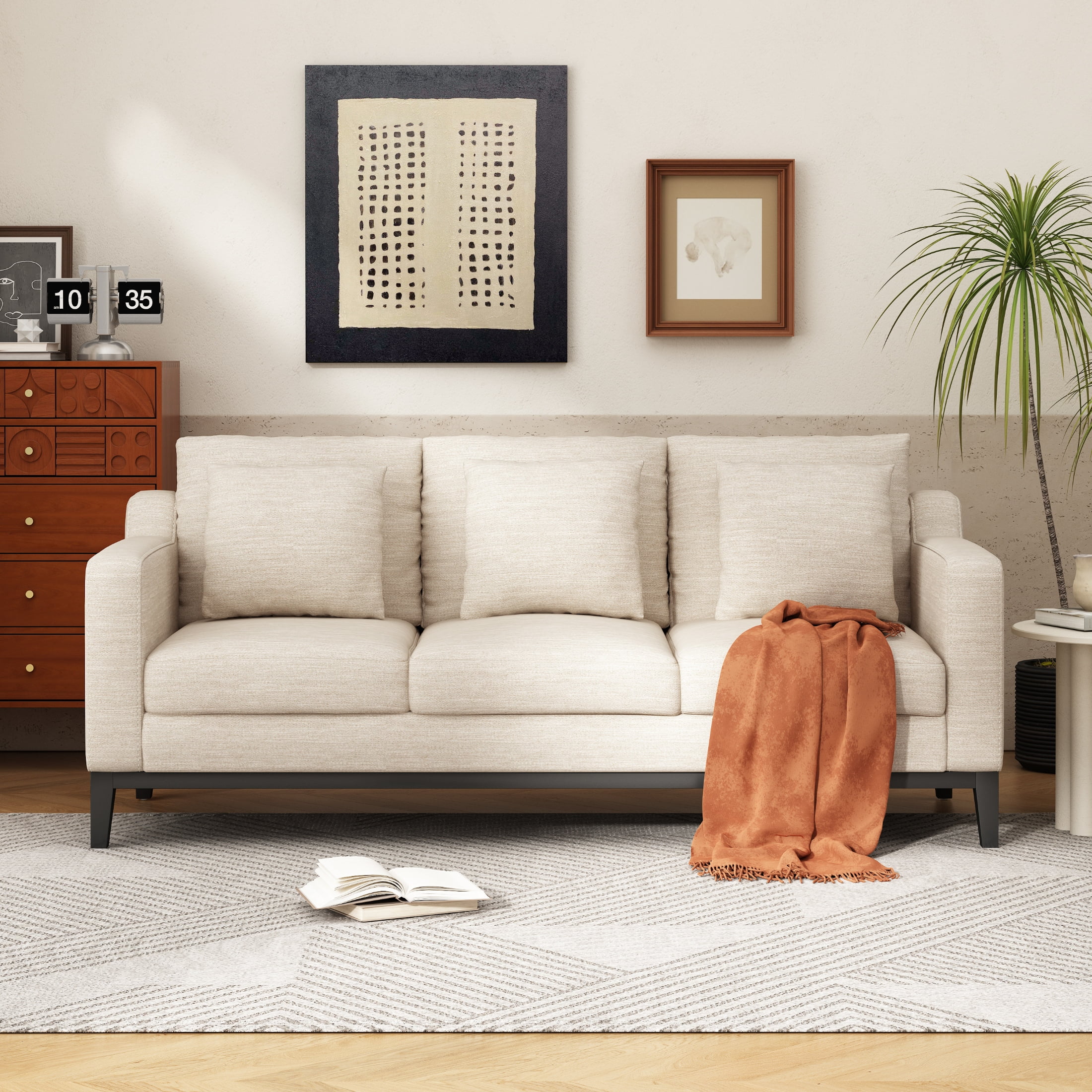 Noble House Contemporary Fabric 3 Seater Sofa with Accent Pillows, Beige