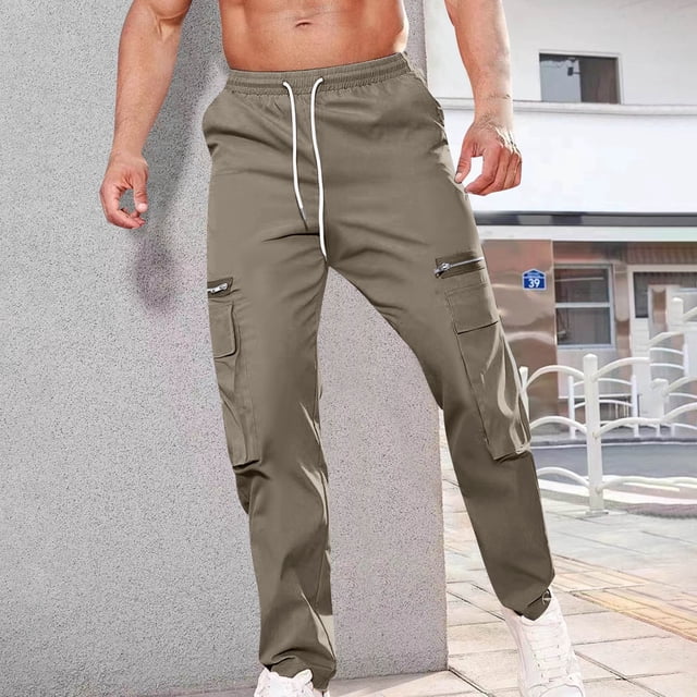 AherBiu Cargo Pants For Men Drawstring Elastic Waisted Straight Leg Swaetpants With Multi Pockets Casual Athletic Workout Trousers