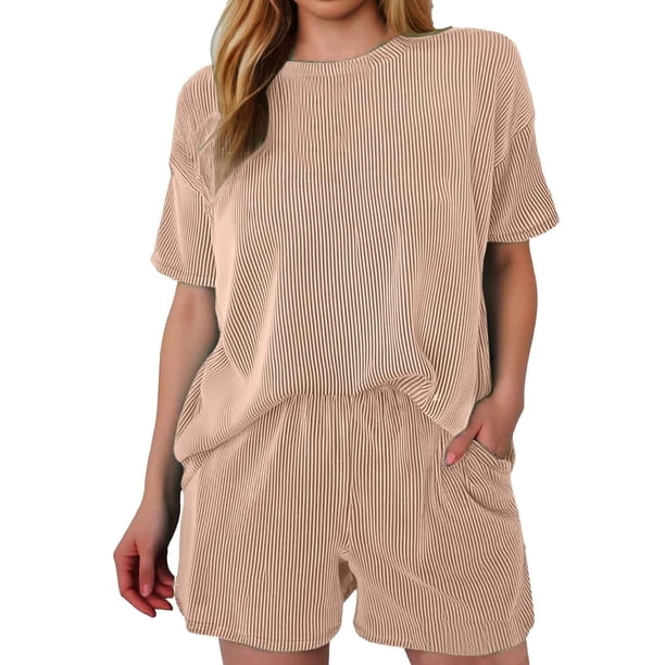 Conjunto de 2 piezas para mujer: top de cuello redondo y manga corta y pantalones cortos holgados