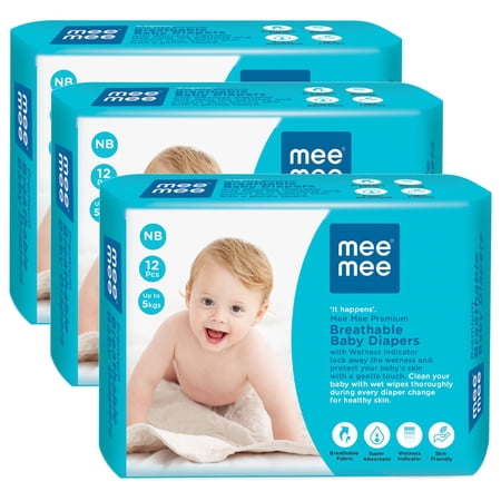Mee Mee Premium Breathable (NB) Baby Taped Diapers Extra Small 12 Pcs (Pack of 3)