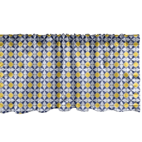Mosaic Window Valance Pack of 2, Ethnic Moroccan Ceramic Art Geometric Traditional Azulejo Pentagon Shapes, Rod Pocket Curtain Valances Kitchen Bedroom, 2 Sizes, Yellow and Night Blue, by Ambesonne