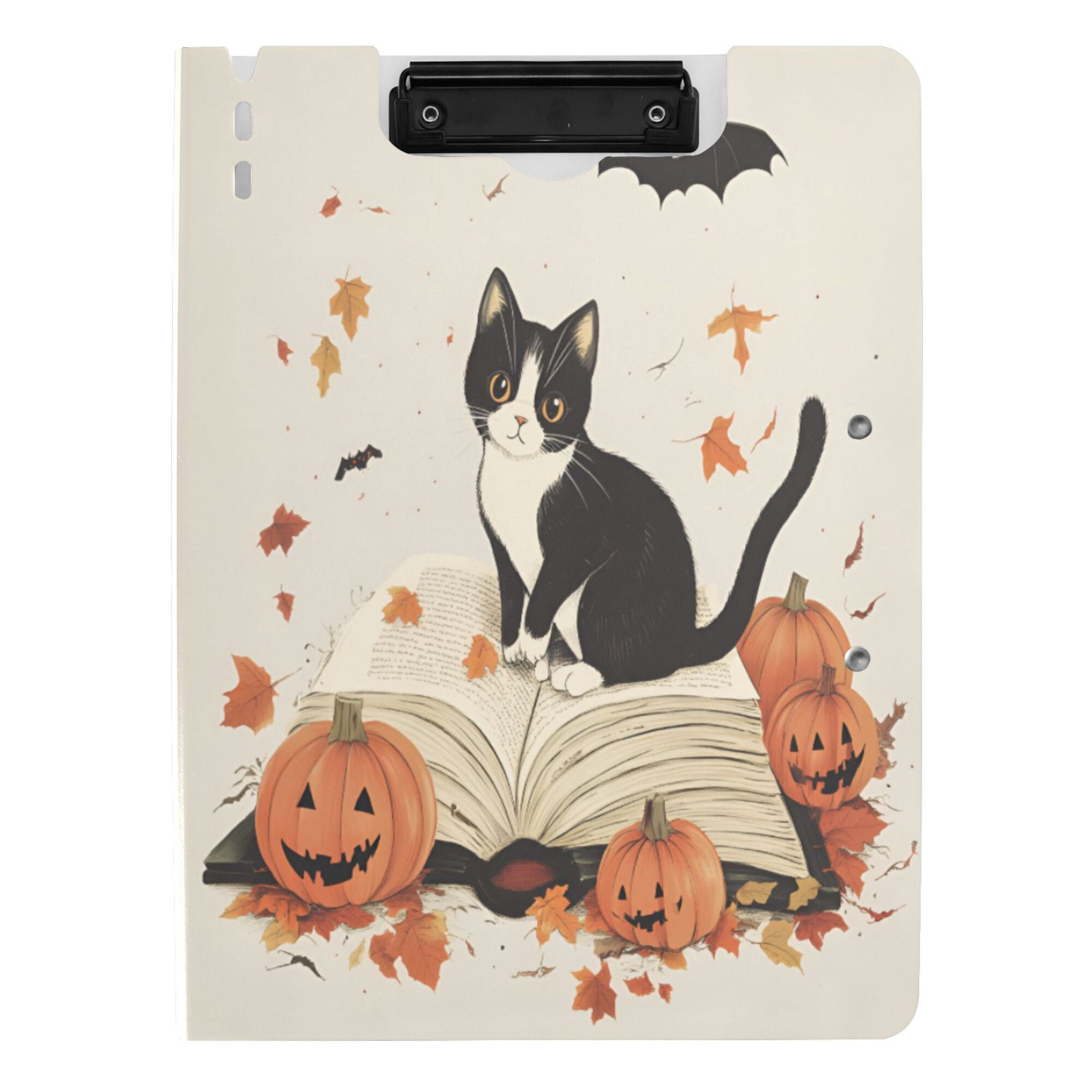 FORMRS A4 Clipboard Folder with Pen Holder Horizontal Foldable School Office Binder, Gray Cartoon Halloween Cat