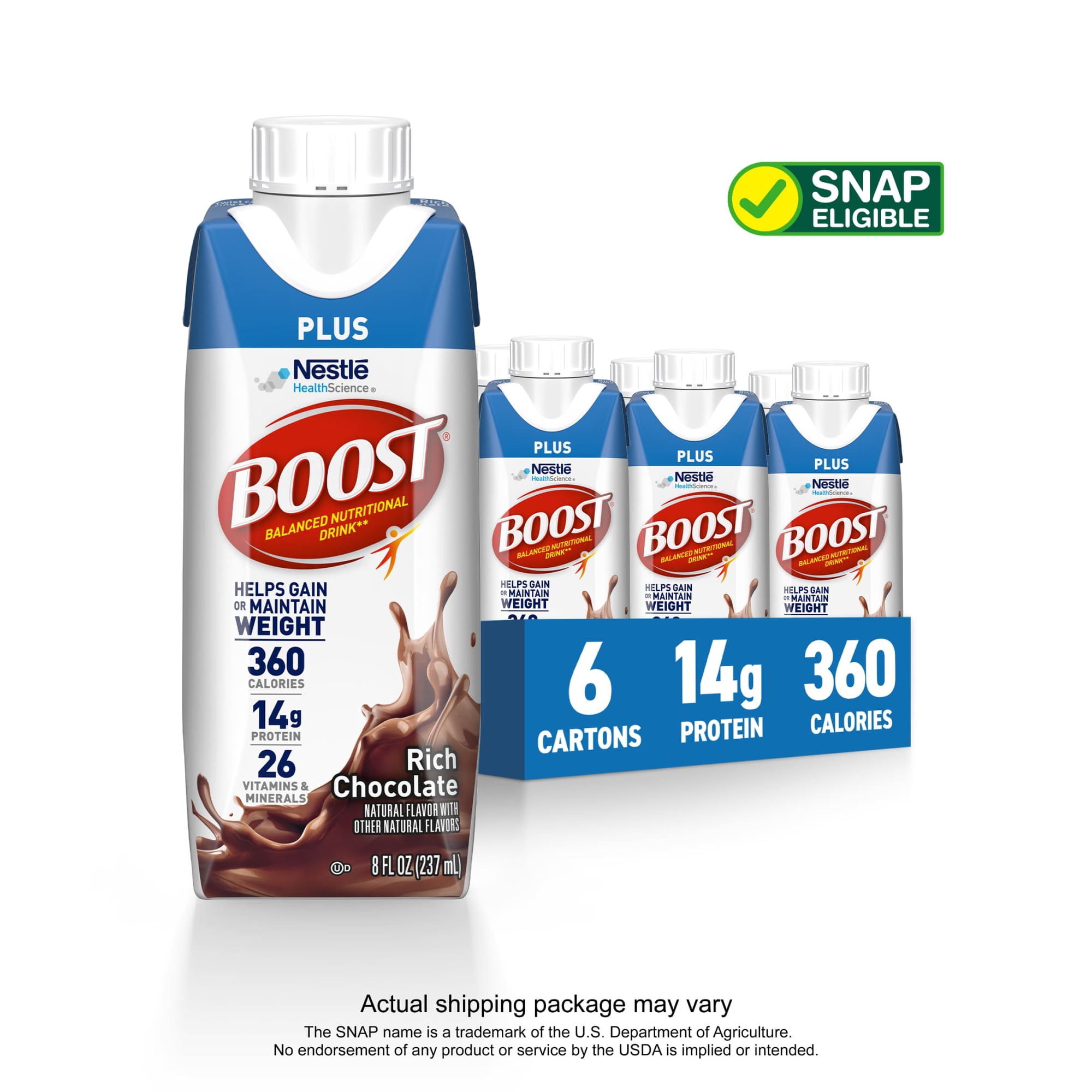 BOOST Plus Nutritional Drink Protein Shakes, Rich Chocolate, 8 fl oz, 6 Pack