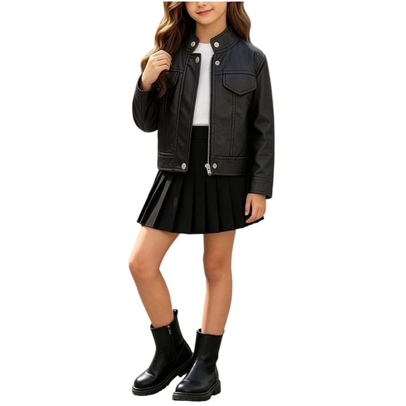 ATOGUTA Faux Leather Jacket Girls Kids Zipper Motorcycle Bomber Coats Fall Winter Clothes Black