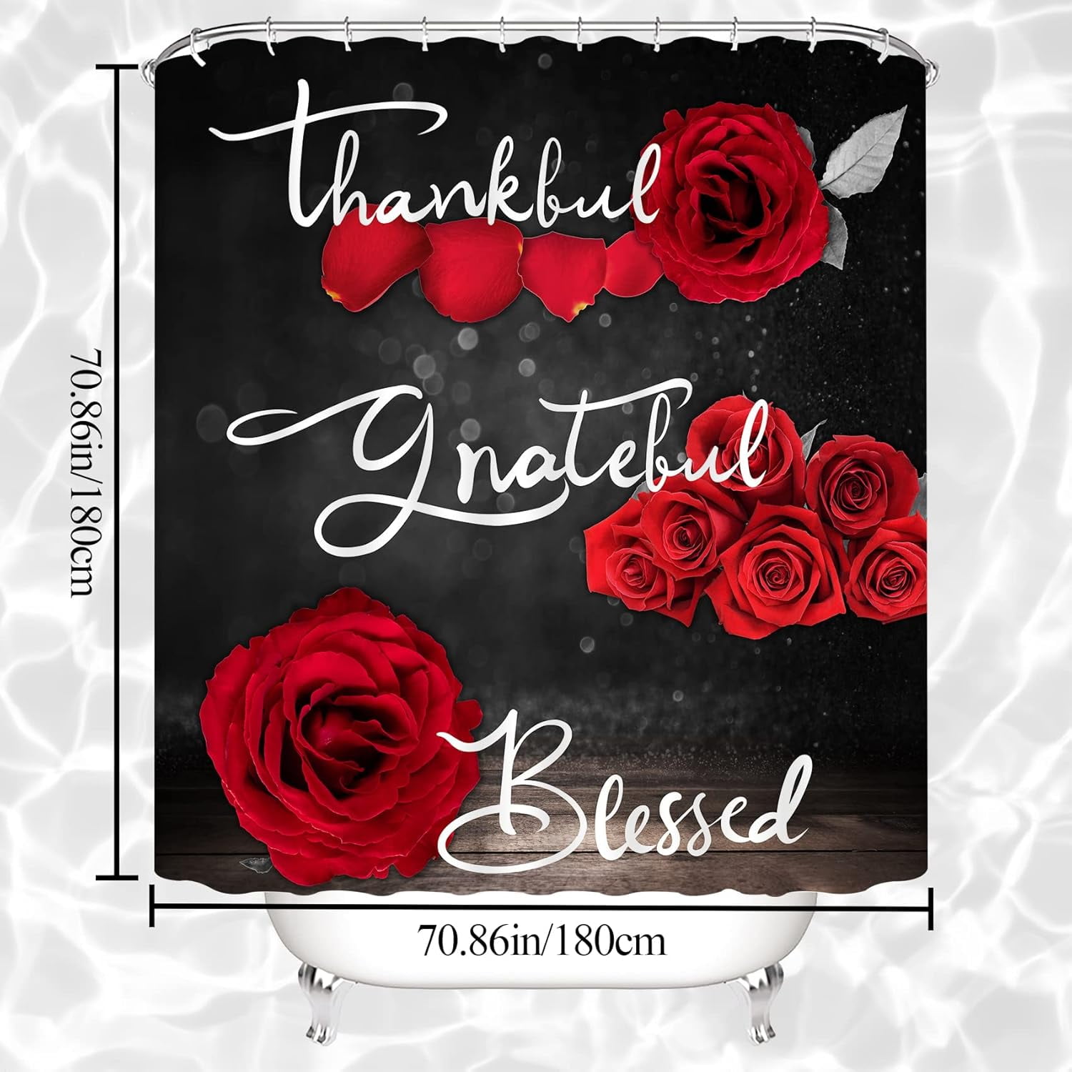 Red Rose Shower Curtain Sets, Thankful Grateful Blessed Bathroom Curtain with Non-Slip Rug, Toilet Lid Cover, Bath Mat and 12 Hooks, Romantic Showy Floral Wedding Decor for Bath