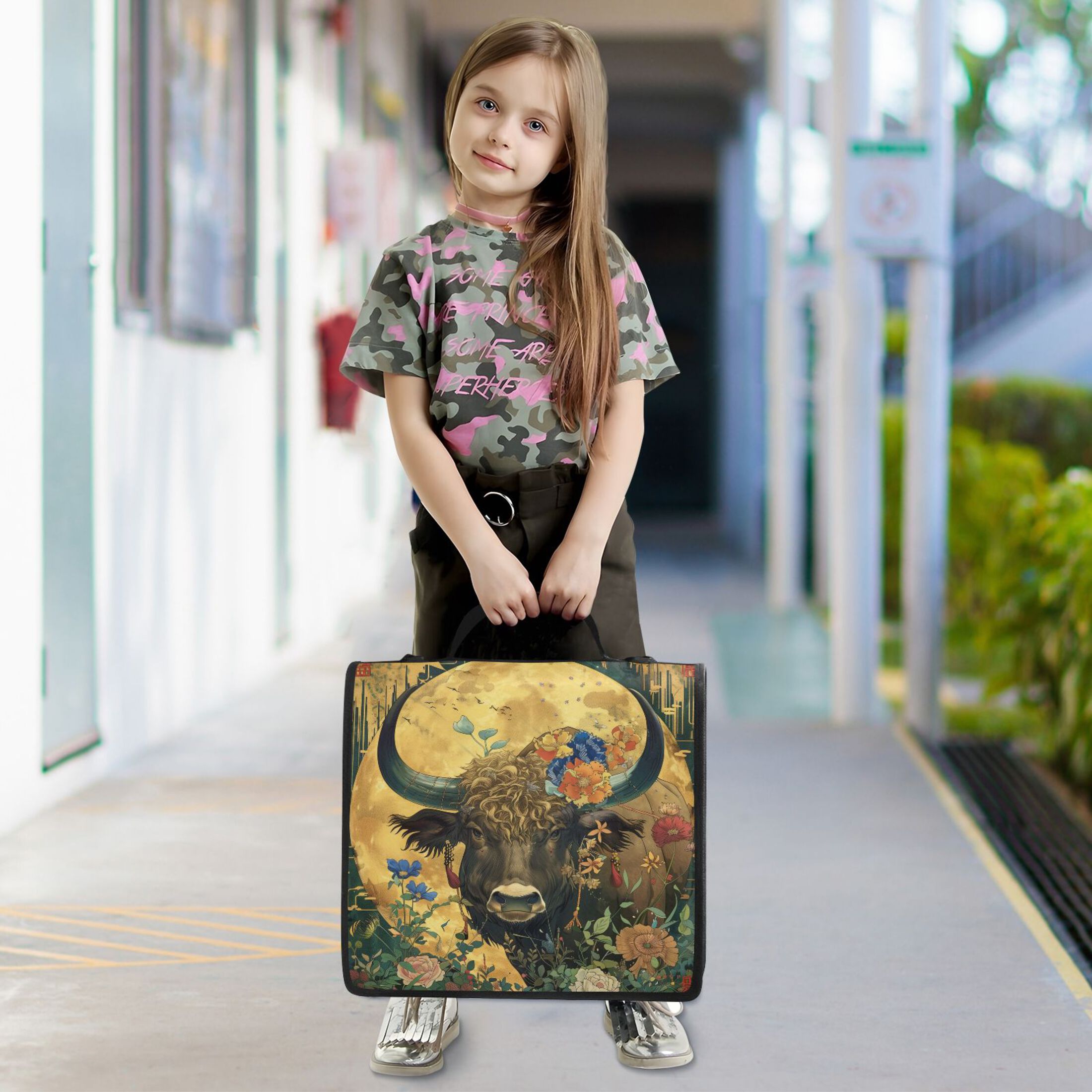 3 Ring Zipper Binder with Shoulder Strap Waterproof Trapper Keeper 2 Inch D-Ring 500 Sheets Capacity Cattle Flower Moon