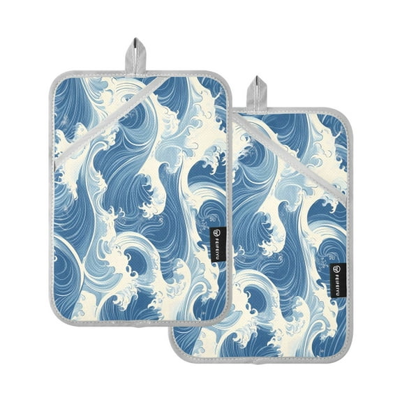 Blue and White Wave Oven Mitts Pot Holders 2 pcs Heat Resistant for Kitchen Baking Grilling
